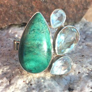 Chrysocolla & Topaz Paw Ring .925 Sterling Silver Prasiolite Genuine Gemstones